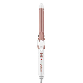 Conair front view of double ceramic curling iron, clear design and control benefits