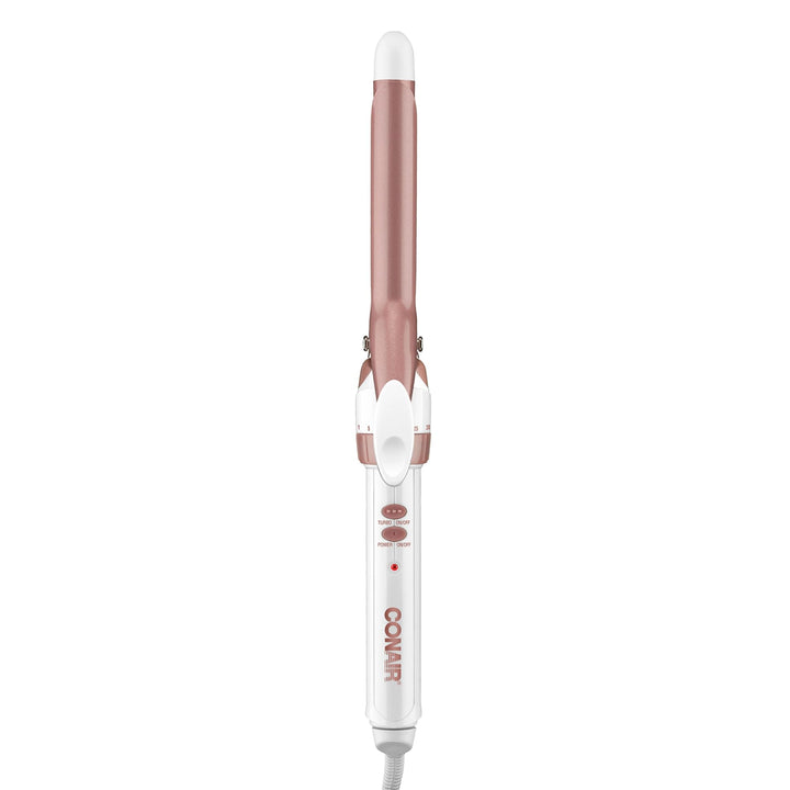 Conair front view of double ceramic curling iron, clear design and control benefits