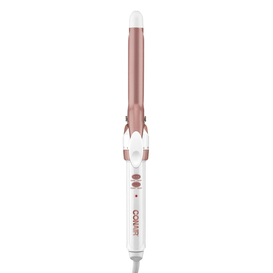 Conair front view of double ceramic curling iron, clear design and control benefits