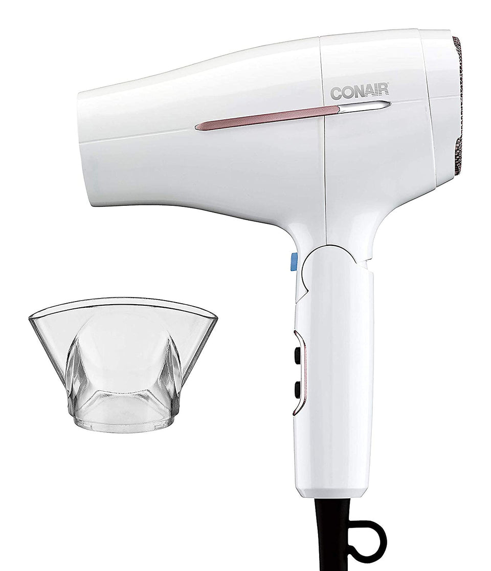 Conair double ceramic front view showing controls and sleek finish for travel convenience