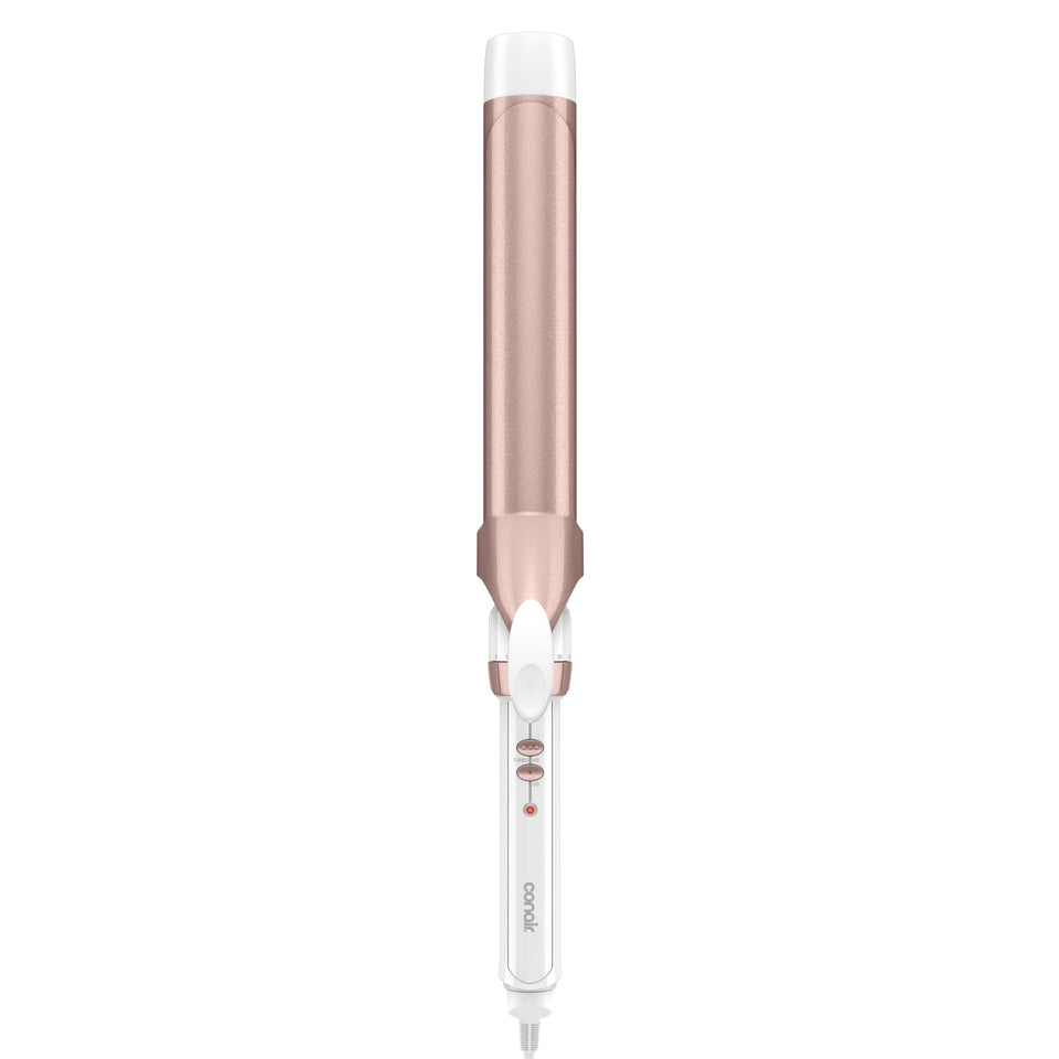 Conair double ceramic curling iron front view showing sleek design and easy grip for comfortable styling