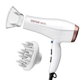 Conair double ceramic hair dryer front view showing controls and attachments for easy styling