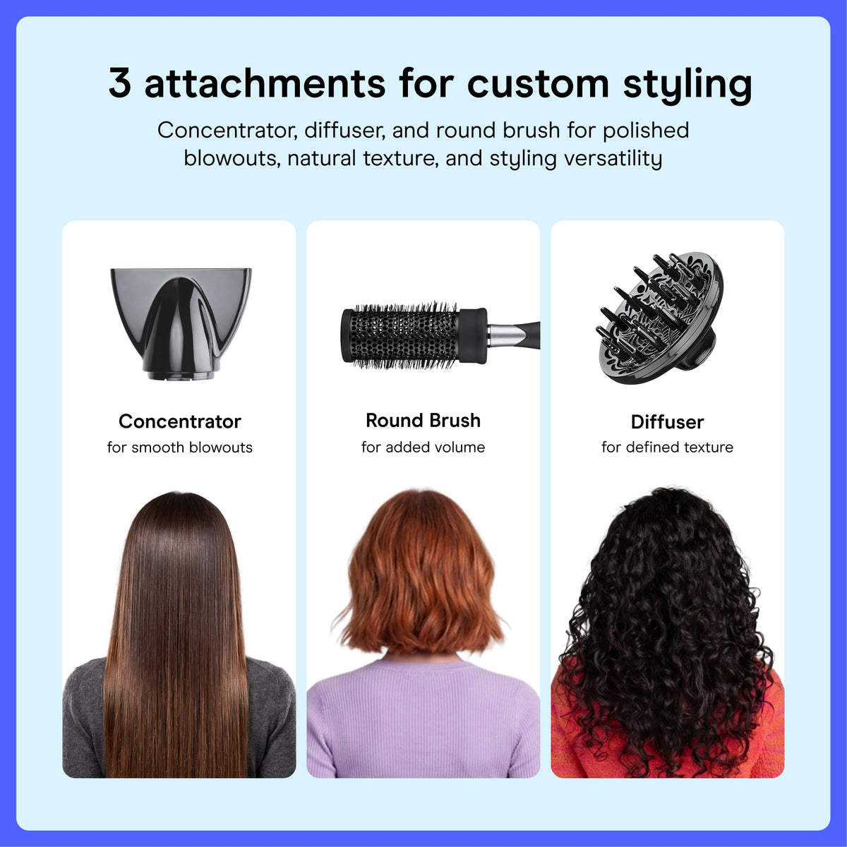 Conair dryer laid out with concentrator diffuser and round brush attachments