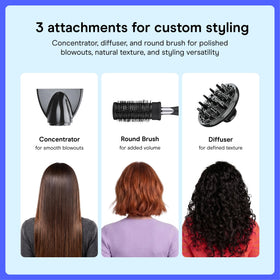 Conair dryer laid out with concentrator diffuser and round brush attachments