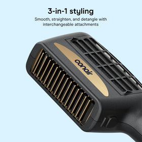 Conair dryer in use on curly hair demonstrating quicker drying and reduced frizz