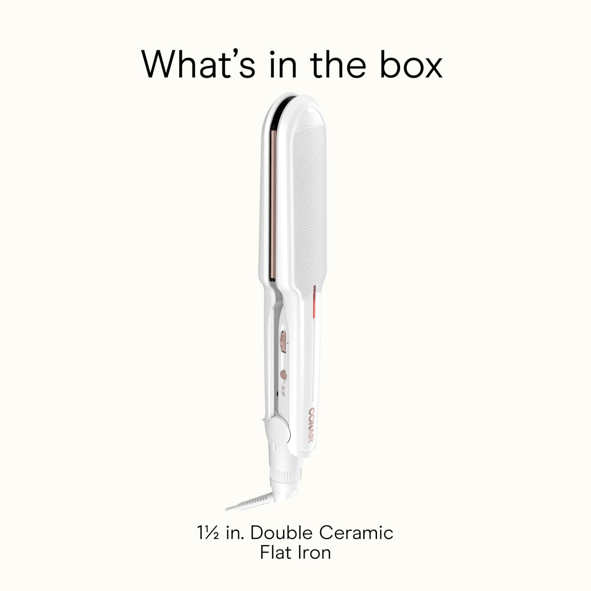 Conair flat iron packaging and label displaying brand information and product features at glance