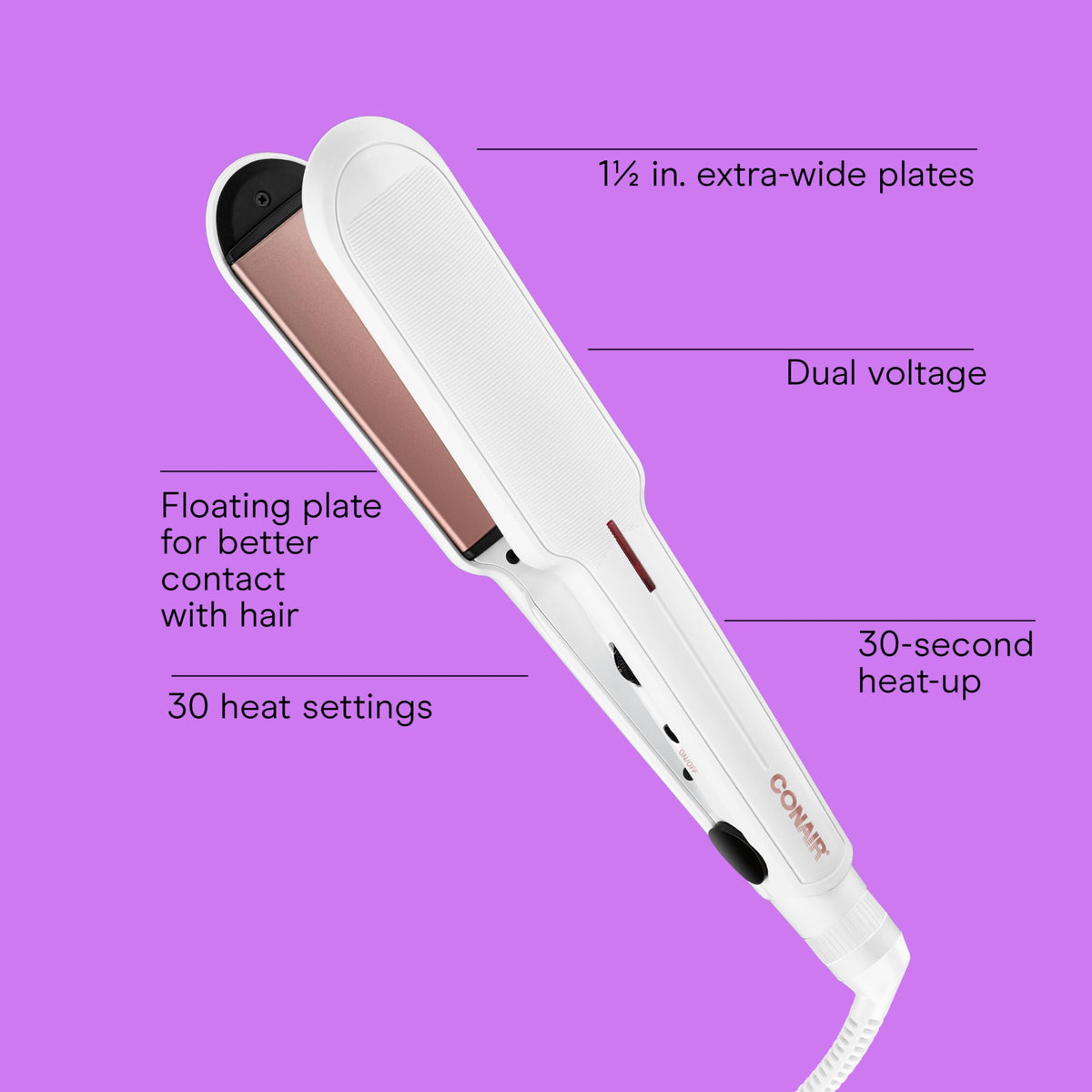 Conair flat iron plate closeup highlighting double-ceramic surface for even heat and smooth glide
