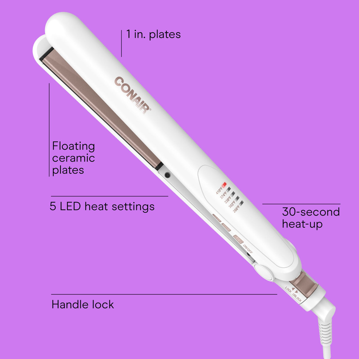 Conair flat iron plate close-up highlighting double ceramic surface for even heat distribution