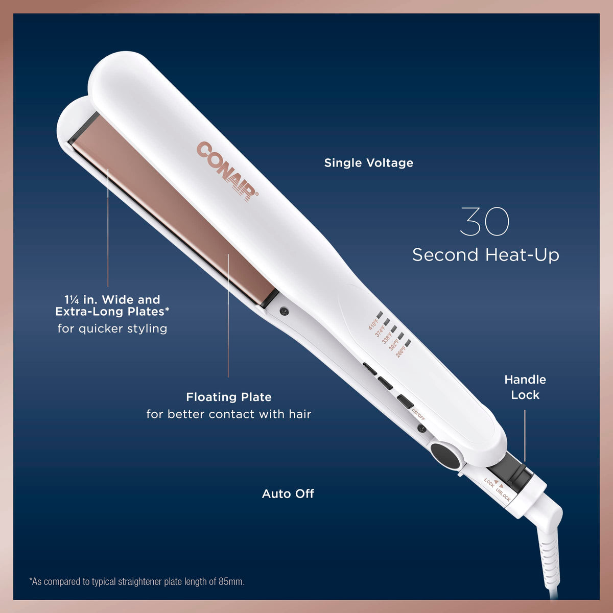 Conair flat iron beside ruler showing extra-long 1¼-inch plates for larger section coverage