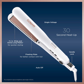 Conair flat iron beside ruler showing extra-long 1¼-inch plates for larger section coverage