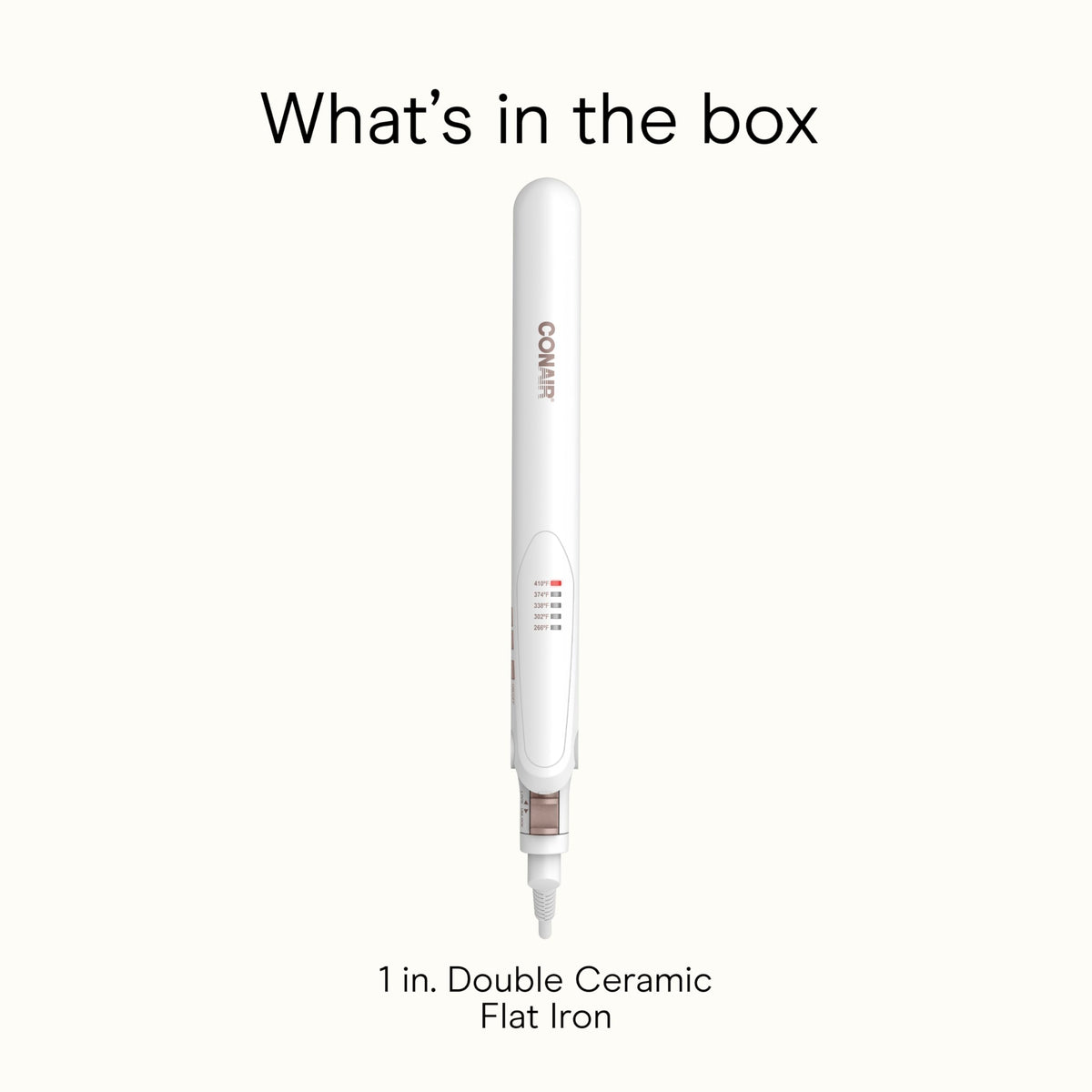 Conair flat iron white product label and plug highlighting brand and easy storage