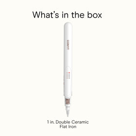 Conair flat iron white product label and plug highlighting brand and easy storage