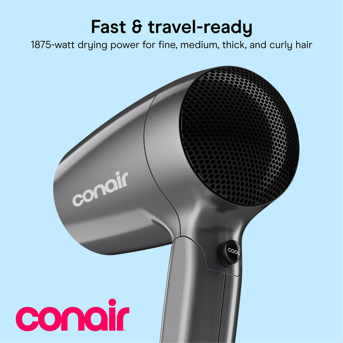 Conair folded-handle compact profile fits luggage for easy packing benefit