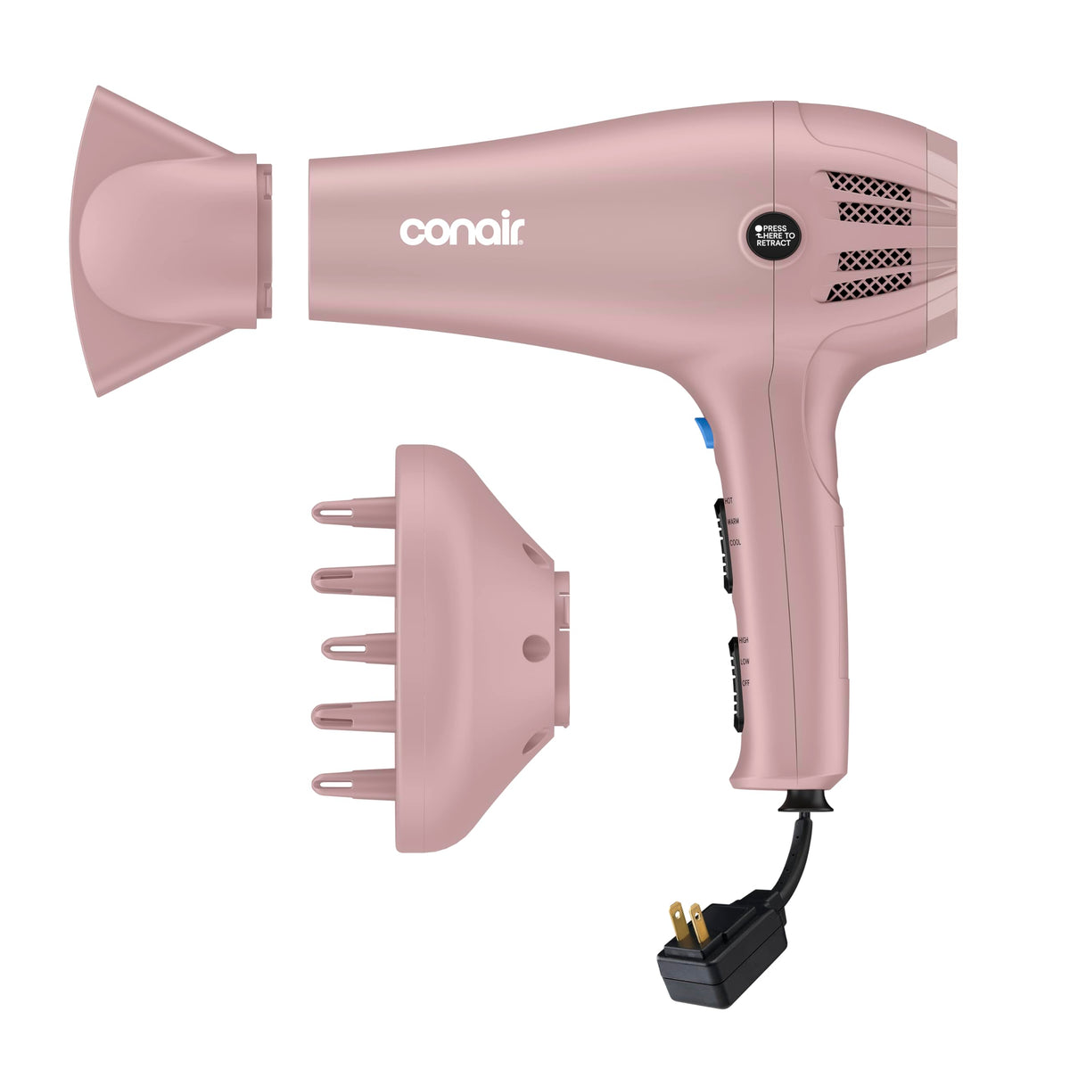 Conair dryer front view showing matte light pink finish and compact shape, brand benefits quick styling