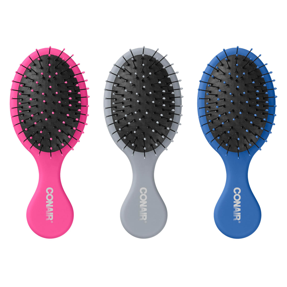 Conair front packaging mini detangler set showing three colors and travel convenience
