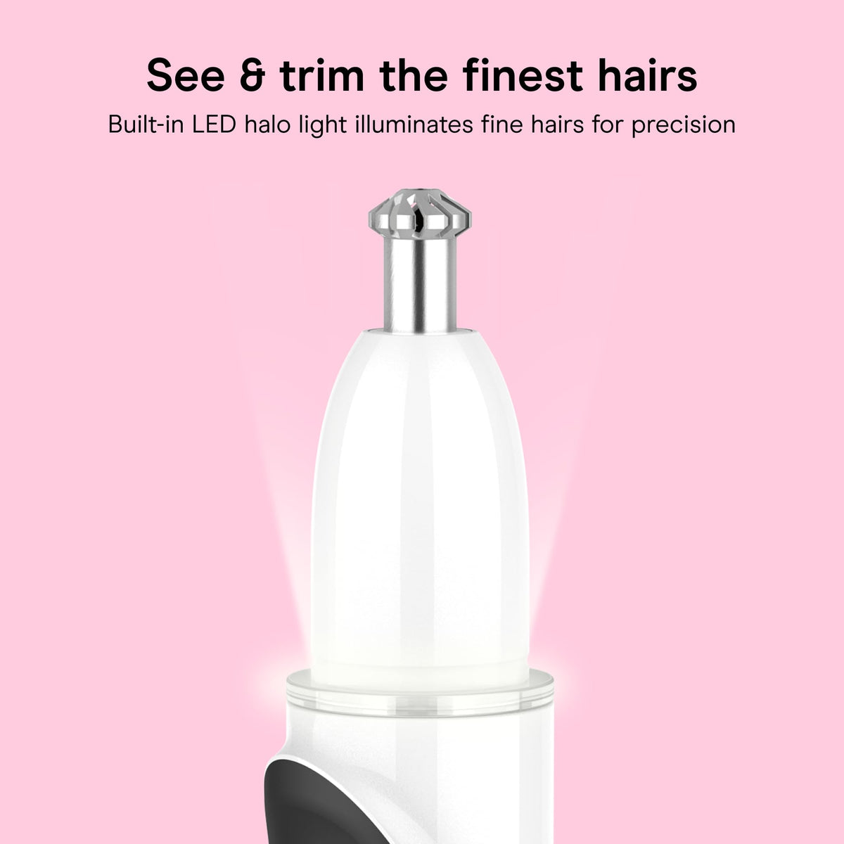 Conair GIRLBOMB LED halo close-up illuminating tiny hairs for precise trimming
