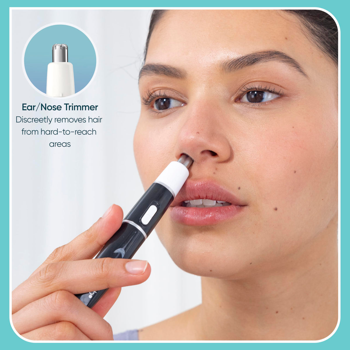 Conair GIRLBOMB nose and ear attachment in use for safe trimming