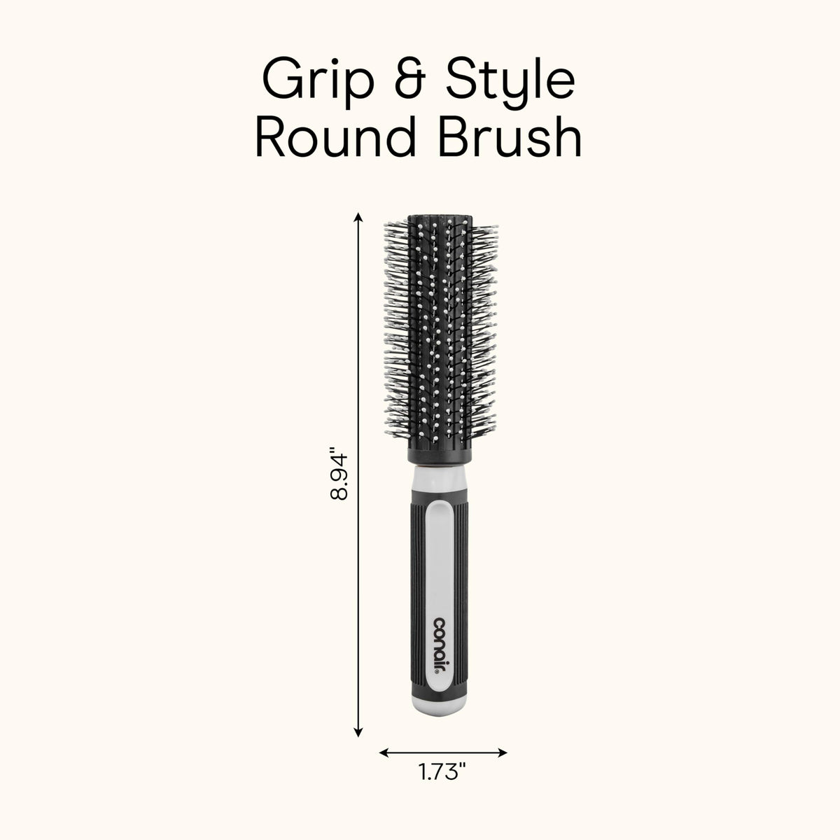Conair grip & style packaging label showing brand and features for shopper clarity