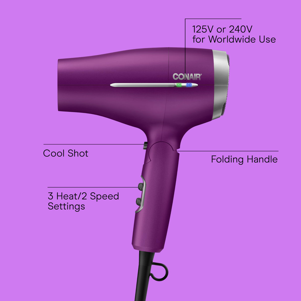 Conair folded hair dryer compact size for easy packing and storage