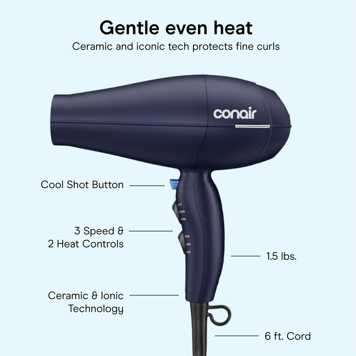 Conair handle controls with heat and speed buttons for customizable settings