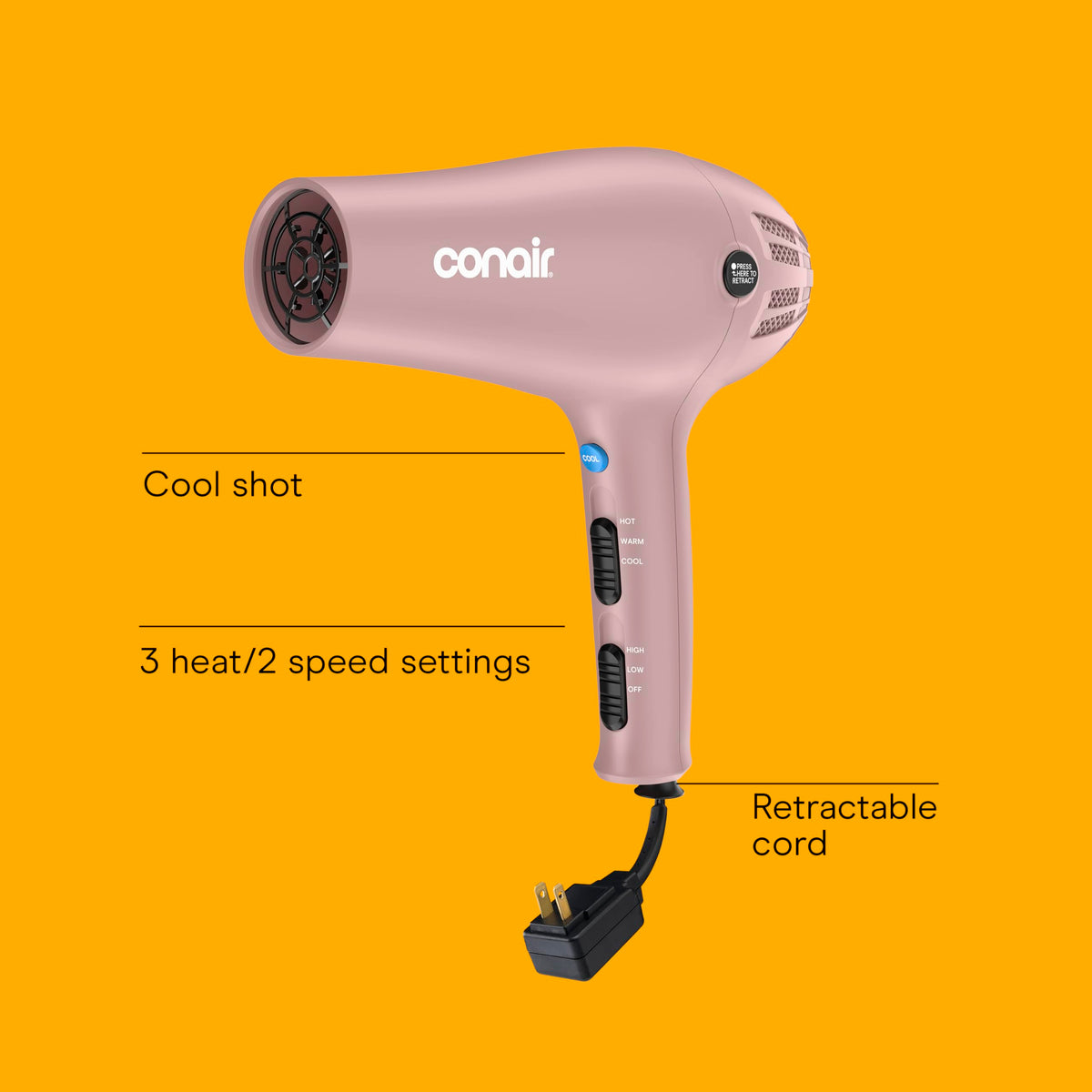 Conair dryer handle with retractable cord pulled out, brand benefits tidy storage and travel readiness