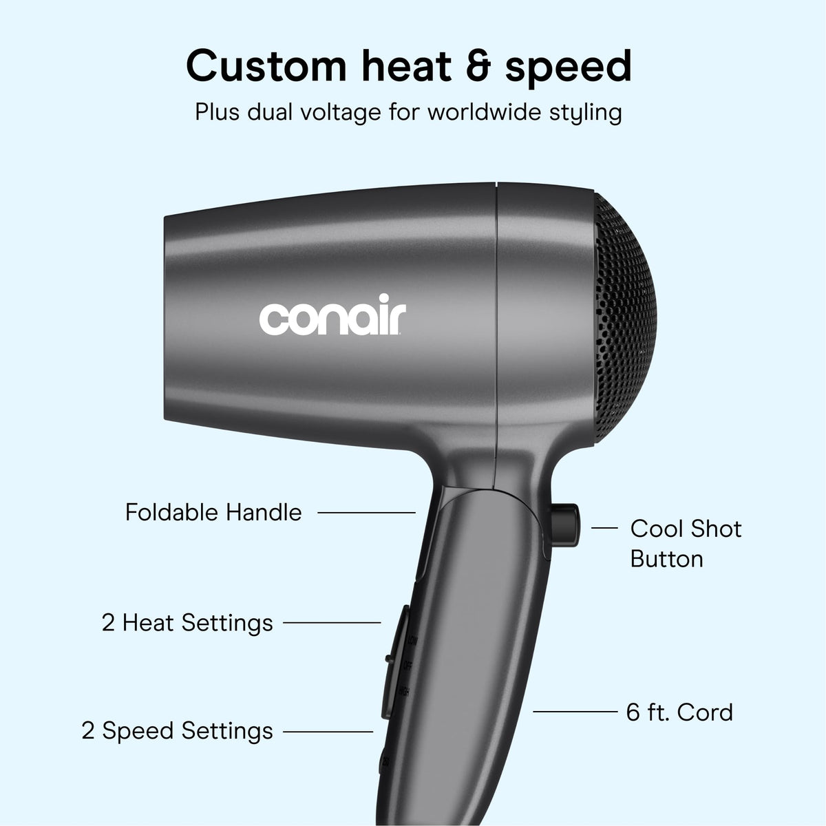 Conair held in hand illustrating lightweight 1 lb feel and comfortable handling benefit