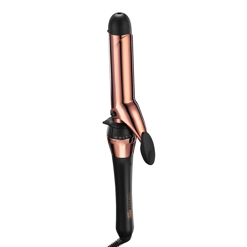 Conair INFINITIPRO front view showing sleek rose gold barrel and clamp, professional styling benefit