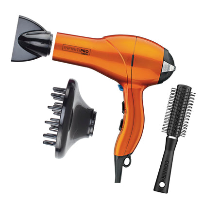 Conair InfinitiPRO front view in orange showing sleek design and fast drying benefit