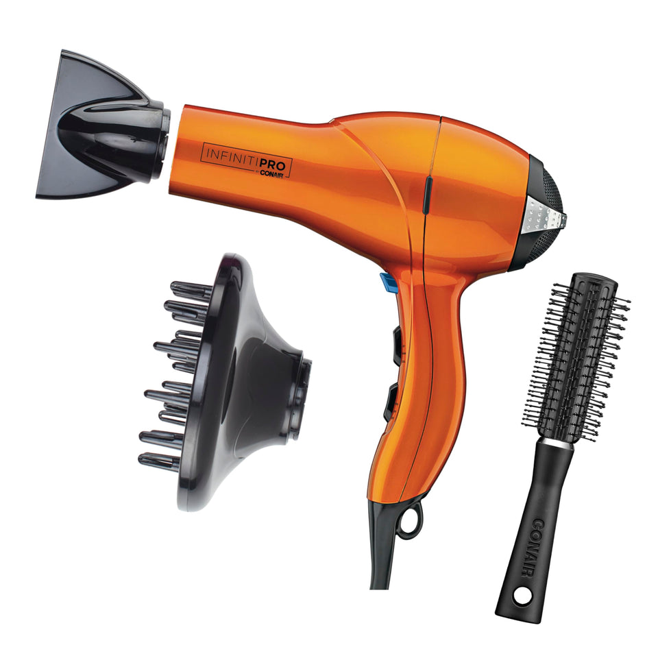 Conair InfinitiPRO front view in orange showing sleek design and fast drying benefit