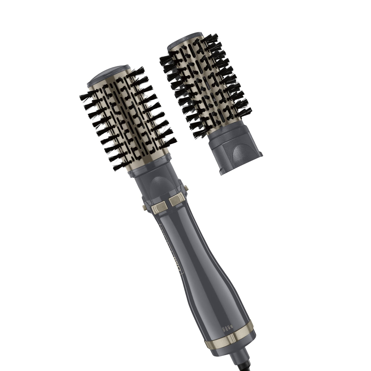 Conair InfinitiPRO front view with two interchangeable brushes showing compact design and versatility