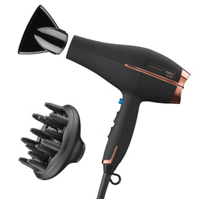Conair InfinitiPRO front view showing sleek velvet finish and rose‑gold accents for stylish drying