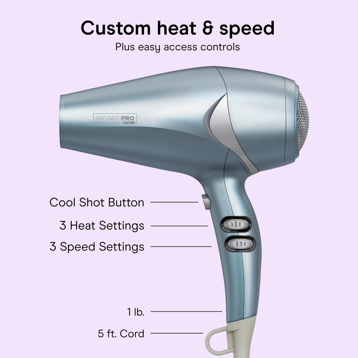 Conair InfinitiPRO handle controls close-up showing heat and speed options for customization