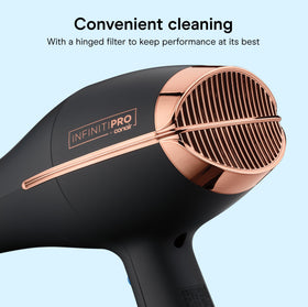 Conair InfinitiPRO in use drying hair on model showing fast drying and polished results