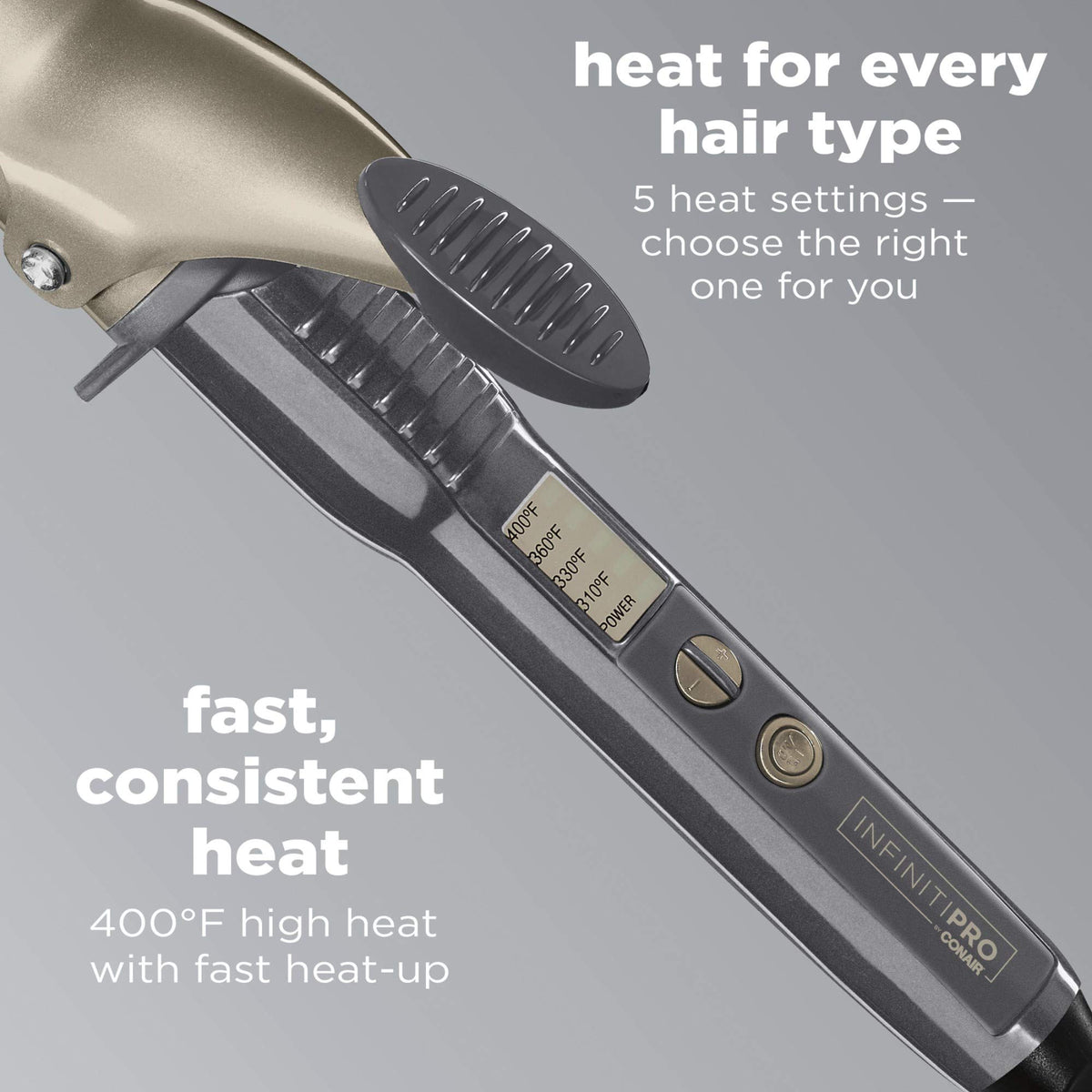 Conair INFINITIPRO LED display showing five heat settings for precise control