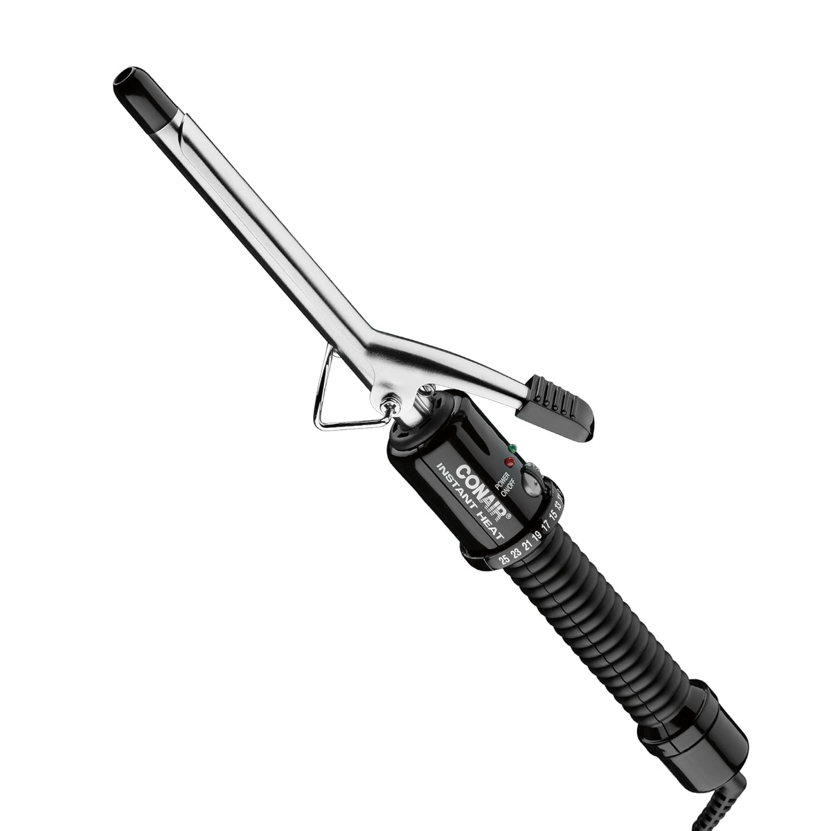 Conair front view of curling iron showing compact design and clamp for quick styling