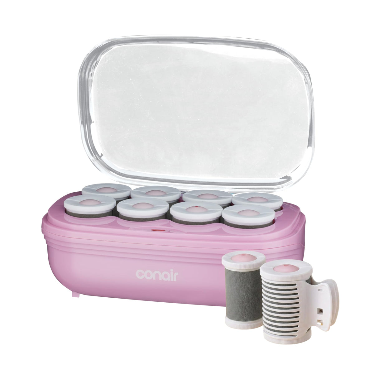Conair front packaging showing jumbo hot rollers and clips, quick styling benefit