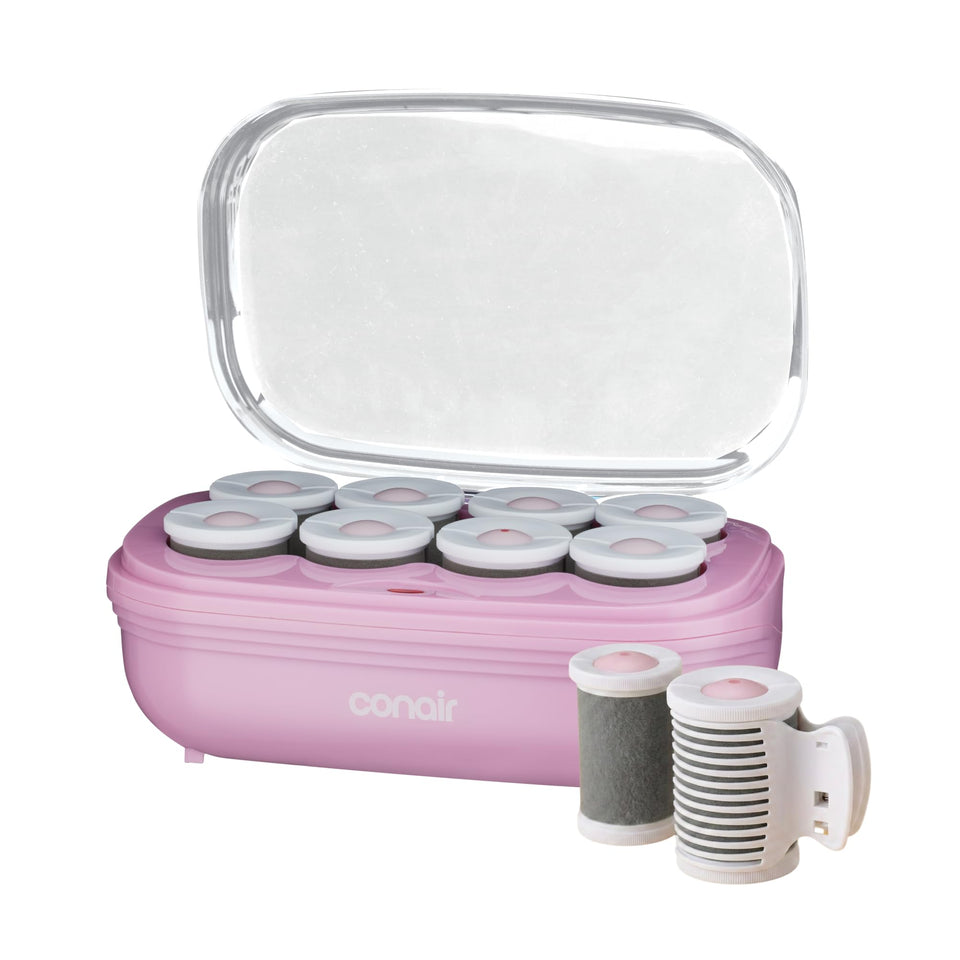 Conair front packaging showing jumbo hot rollers and clips, quick styling benefit