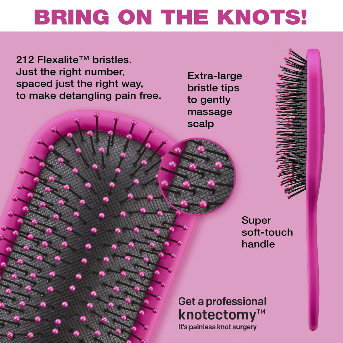 Conair Knot Dr close-up of Flexalite bristles and large rounded tips for gentle glide