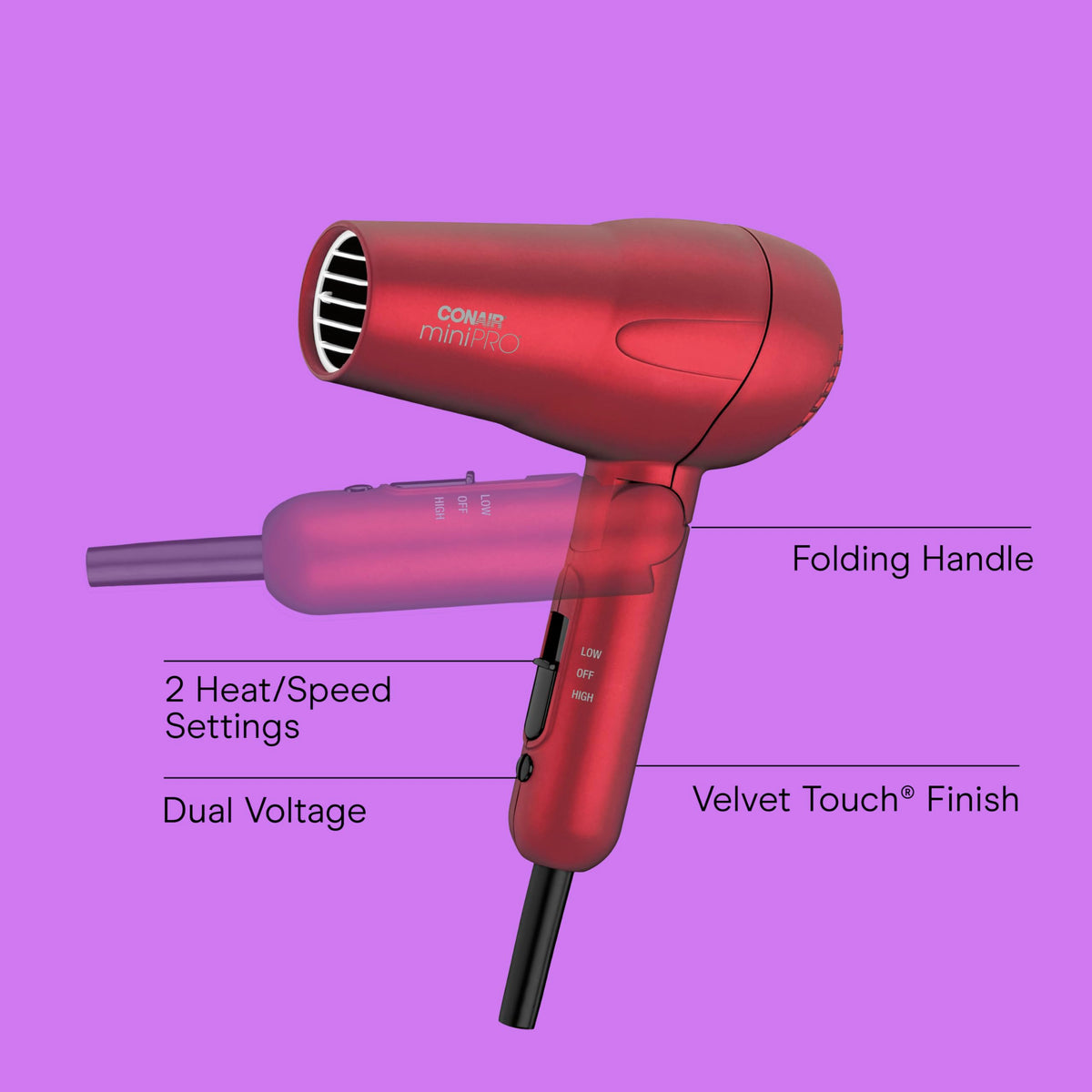 Conair Mini Pro folded handle for compact storage and convenient travel