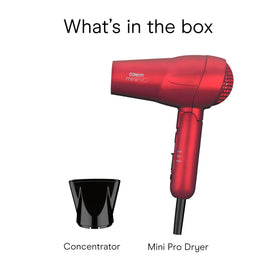Person styling hair with Conair Mini Pro red dryer showing shine-enhancing results