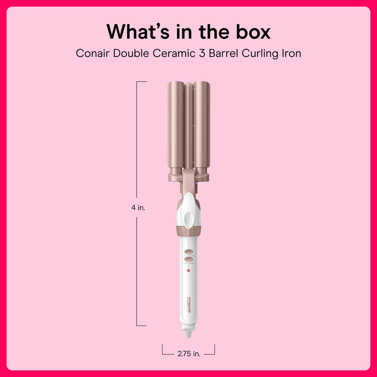 Conair product label and specifications close-up showing features and safety info