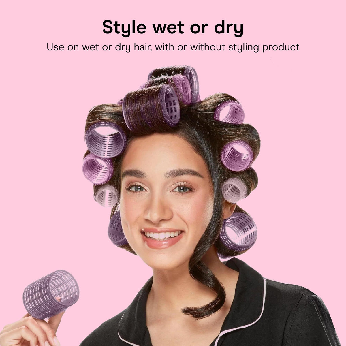 Conair roller wrapped in model hair illustrating easy, heatless curl styling