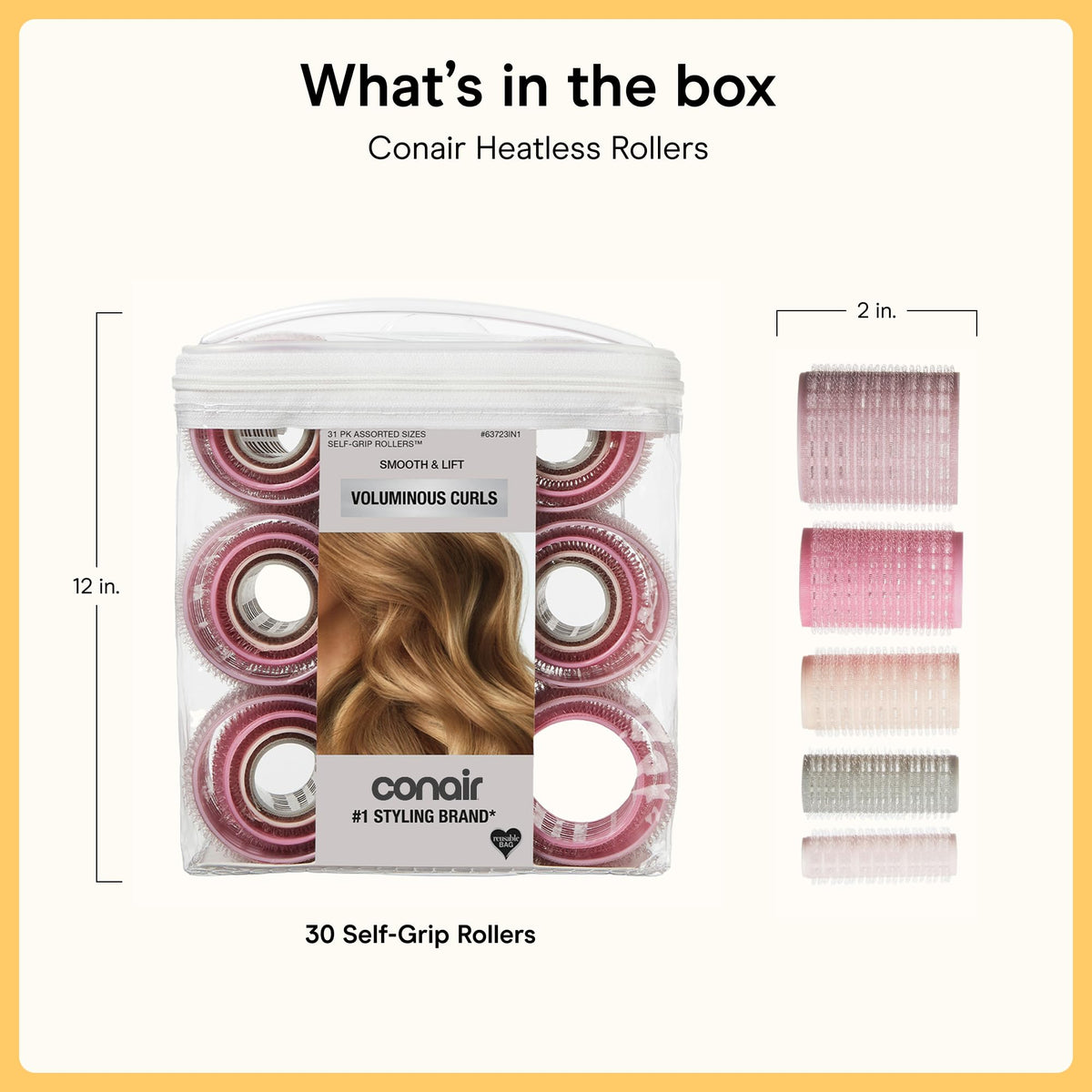 Conair rollers beside suitcase in lifestyle scene for portable, on-the-go styling