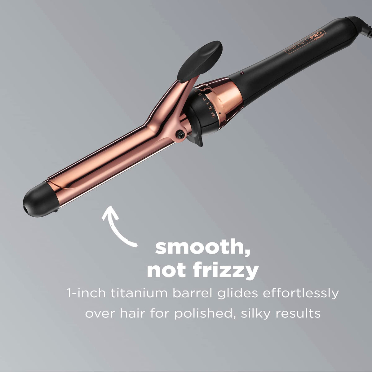 Conair titanium barrel close-up highlighting smooth surface and frizz control