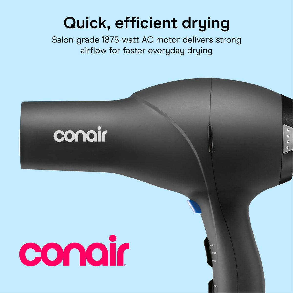 Conair salon dryer side profile highlighting balanced lightweight feel