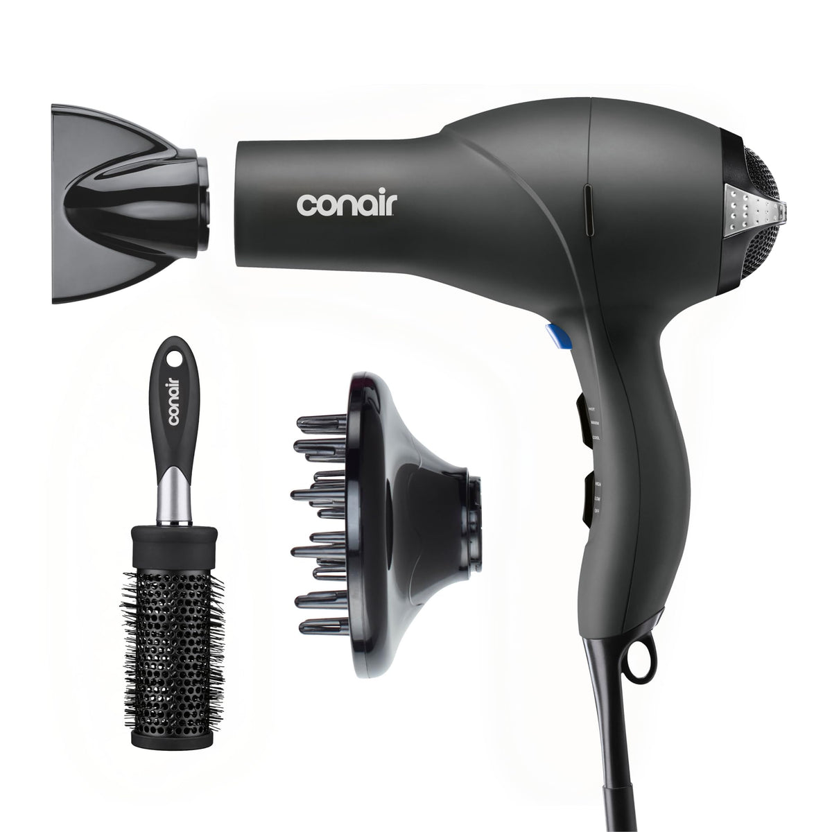Conair salon hair dryer front view showing sleek design and fast drying