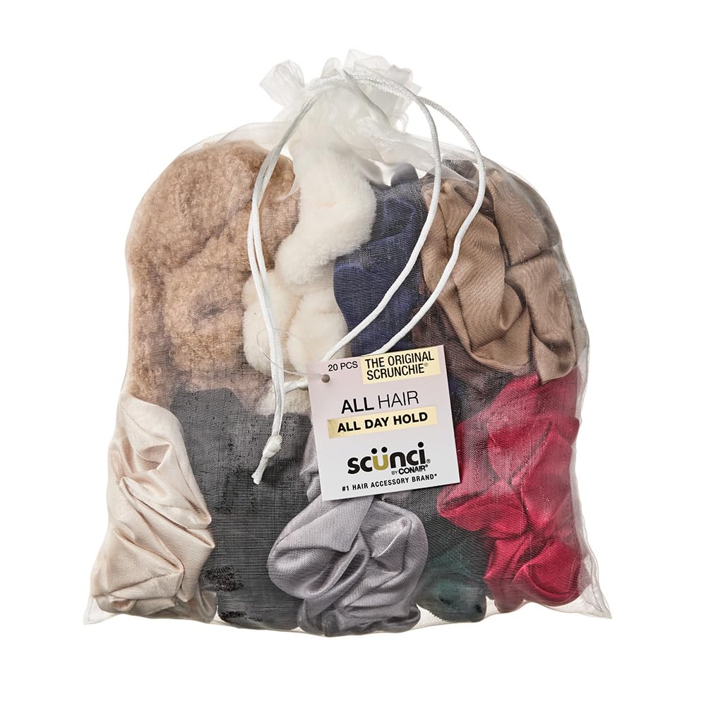 Conair Scunci front packaging showing 20 scrunchies and mesh bag for organized storage