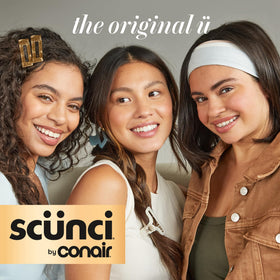 Conair Scunci scrunchie worn in a loose bun demonstrating secure hold with reduced creases