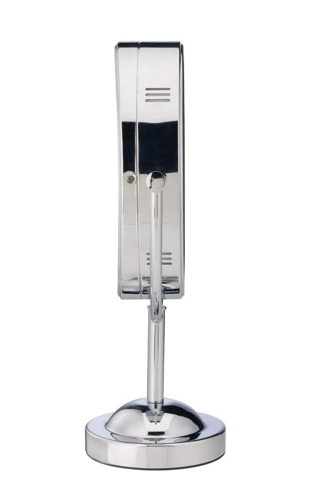 Conair tilted mirror demonstrating 360° rotation and adjustable angle for easy positioning