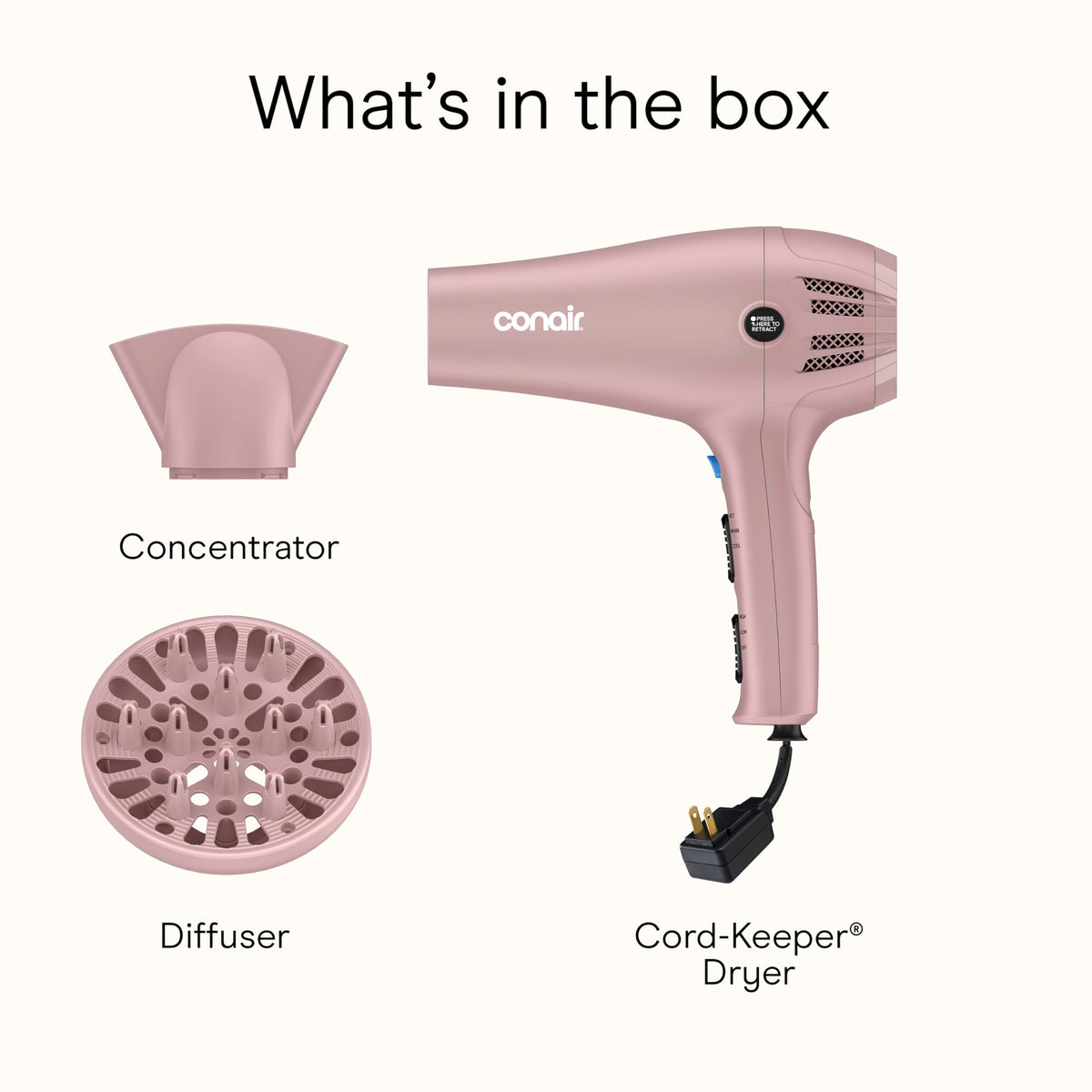 Hand holding Conair dryer to show size and weight, brand benefits lightweight comfortable use